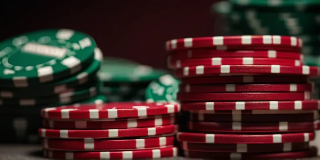 photo of red chips on a poker table.
